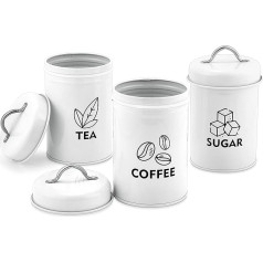 Herogo Tea Coffee Sugar Canisters Set of 3 White Storage Jars with Lids Vintage Retro Kitchen Canister Set for Dry Food, Flour, Seeds, Nuts, Healthy & Easy to Clean