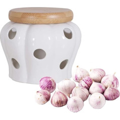 Holdyfine Knoblauch Aufbewahrung Keramik Knoblauchtopf mit Bambus Deckel,Ingwer Zwiebel und Knoblauch küche aufbewahrung & organisation,Knoblauchdose Kapazität 210g,12 * 10cm,Weiß