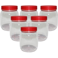 MKR PET Clear Plastic Storage Jars with Red Screw Top Lid for Multipurpose Home Organization, Food, Craft, Powder, Herbs, Spices, Snacks (6 x 500ml)