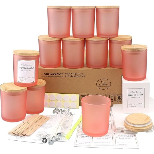 MILIVIXAY Pack of 12 200ml Frosted Pink Glass Candle Jars with Lids and Candle Making Kits - Empty Candle Jars for Candle Making - Spices, Powder Containers
