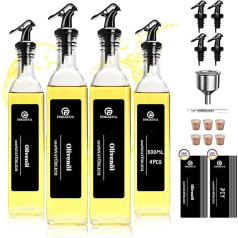 SAEIV Pack of 4 Olive Oil Bottles 500 ml, Oil Bottle with Spout, with 30 Black Oversized Labels, Oil Dispenser Glass for Filling, Vinegar and Oil Bottles Set for Kitchen Organisation and Decoration