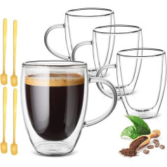 4 x 350 ml Double-Walled Coffee Cups, Cappuccino Cups, Glass Cups with Handle, Espresso Cups, Latte Macchiato Glasses, Heat and Cold Resistance, for Cappuccino, Latte, Tea, Milk, Beer