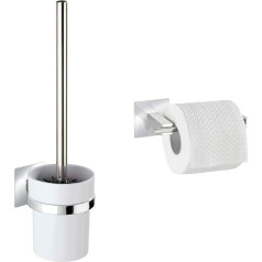 WENKO Turbo-Loc® Quadro Toilet Brush Holder, 9.5 x 35.5 x 12 cm, Chrome & Turbo-Loc® Stainless Steel Toilet Roll Holder without Lid Quadro Stainless Steel 16.5 x 6.5 x 7 cm, Chrome