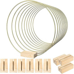 HUOGEE Metal Rings for Crafts Pack of 10 30 cm Metal Rings Gold Metal Decorative Rings with Wooden Stand for Dream Catcher Floral Hoop Wreath Wedding Decor DIY Table Decoration