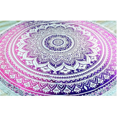 GURU SHOP Round Indian Mandala Cloth, Boho Bedspread, Picnic Blanket, Beach Blanket, Round Tablecloth - White/Pink, Cotton, 180 x 180 x 0.5 cm, Bed Throw, Sofa Throw