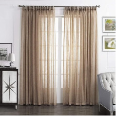 Sedefen Set of 2 Sheer Voile Curtains, Taupe Beige, Transparent Ruffle Tape, Linen Look Curtain, Short Curtains Scarves for Living Room, Bedroom, Children's Room, 132 x 244 cm (W x H)