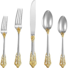 SHEUMNT Beautiful Baroque Silver Gold 18/10 Stainless Steel 20-Piece Cutlery Set, Anti-Rust Stainless Steel Gold Cutlery Set Utensils Including Fork, Spoon and Knife with Gift Box