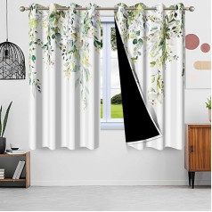 Uiiooazy Eucalyptus Blackout Curtain, Green Leaves, Watercolour Plant Motif Pattern, Thermal Curtain, Opaque Curtains with Eyelets for Bedroom, Living Room, Children's Room, Set of 2, 140 W x 245 cm