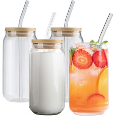 Set of 4 drinking glasses with bamboo lids and glass straws, beer can glasses, iced coffee glasses, cocktail glasses for iced coffee, beer, smoothies, macchiato, whiskey, gift (4 pieces - 395 ml)