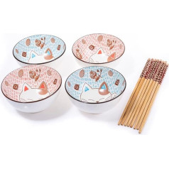 lachineuse - Set of 4 Japanese Cat Bowls (Diameter 11 cm) - Rice Bowls, Breakfast & Soup - Japanese Porcelain Tableware - Chopsticks - Maneki Neko Lucky Charm - Gift Decoration