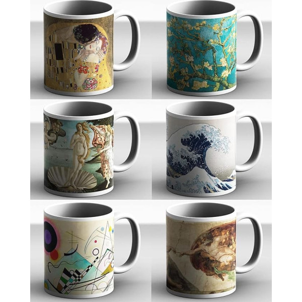 DìMò ART Set of 6 Ceramic Mugs Classic Artwork - Set of 6 Cups - Gift Idea - Klimt Van Gogh Botticelli Hokusai Kandinski Michelangelo
