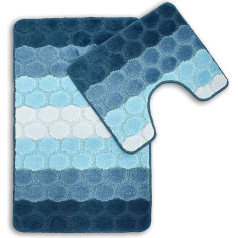 2 Piece Bath Mat Set Non Slip Bath and Pedestal Mat Hexagonal Stripe Design for Bathroom Toilet 2 Pieces Soft Absorbent and Non-Slip Blue