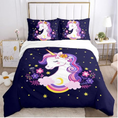 YORDET Children's Unicorn Bed Linen Set, 3D Printed Unicorn Cartoon Duvet Cover, Soft Microfibre Duvet Cover with 2 Pillowcases 50 x 75 cm for Girls (B, 135 x 200 cm)