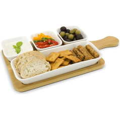 ROMINOX Quattro Bamboo Serving Bowls, Set of 4 Ceramic Bowls on Bamboo Board with Handle, for Snacks, Antipasti or Tapas with Dips, Approx. 35.5 x 18.5 x 3.7 cm