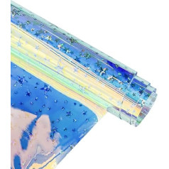 XHT Shiny Transparent PVC Jelly Vinyl, 30 x 135 cm, Iridescent Tinted Star Pattern, Faux Leather Fabric for DIY Projects (Iridescent Blue)
