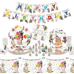 LSJDEER Cat Birthday Party Supplies Decoration Set - Kitten Tableware - Happy Birthday Banner Plates Napkins Cups Tablecloths Straw Multicolor Large