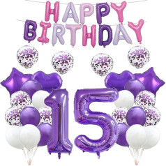 15th Birthday Balloon Decoration Purple 15 Balloons Happy 15th Birthday Party Supplies Number 15 Foil Mylar Balloons Latex Balloon Gifts for Girls Boys Women Men