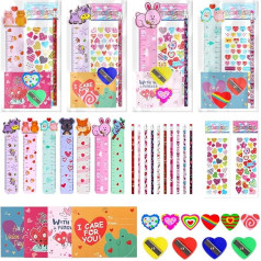 Valentine's Day Stationery Set Assorted for Children, 196 Pieces Valentine's Day Stationery Children Gift with Pencil Erasers Stickers Rulers Gift Bags for Exchange in the Classroom