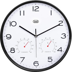 Trevi OM 3510 T Wall Clock with Thermometer and Hygrometer for Temperature and Humidity, Silent Hand Movement, Diameter 30 cm, Modern Design, Round Format, Black
