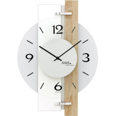 AMS 9557 Modern Wall Clock Design with Sonoma Oak Case - Aluminium Appliques and Glass Elements Designer Living Room Clock Modern Wall Clock Silent for Offices and Shops
