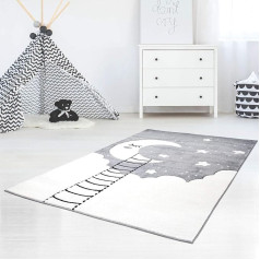 Bueno Children's Rug Contour Cut with Moon, Clouds, Stars, Grey Cream for Children's Room, Size: 140 x 200 cm