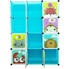 Supfine Expandable Children's Wardrobe, 12 Cubes, Shelf System with Doors & 2 Hangers, Storage Furniture, Bedroom Wardrobe for Clothes, Shoes, Toys (Blue)