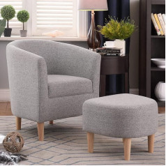 Leuted Wing Chair with Stool, Living Room Armchair, Grey, TV Chair, Recliner Chair, Padded Linen Fabric, Accent Chair, Bedroom, Lounge Chair for Relaxed, Long TV and Reading Evenings
