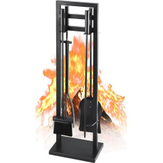 FEED GARDEN Fireplace Tool Kit, Modern Outdoor Wrought Iron Accessories Set with Wooden Holder, Apron Rod, Shovel, Brush, Base (Black)