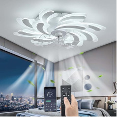 YUNZI LED 50 W Ceiling Fan with Lighting, Quiet Fan Ceiling Light, Modern Dimmable for Living Area, Dining Room, Bedroom, Kitchen, Adjustable 6 Speeds, White, 80 cm