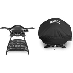 Weber Q2000 Gas Barbecue 55 x 39 cm with Stand & Fold-Out Side Tables, Black (53010379) & 7118 Cover for Q200/Q220/Q240 Series, Black