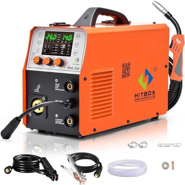 HITBOX 5 in 1 Welding Machine without Gas, 250A 240V LCD Digital MIG Welding Machine Cored Wire/MAG/MIG Protective Gas Welding Machine/MMA/Lift TIG, Aluminium Welding Machine, 2 Year Warranty