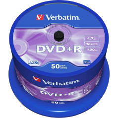 Verbatim DVD+R 16x Matt Silver 4.7GB 50er Pack Spindel DVD Rohlinge 16-fache Brenngeschwindigkeit & Hardcoat Scratch Guard DVD leer Rohlinge DVD DVD Rohlinge Spindel VB-DPR47S3A 50 Stück
