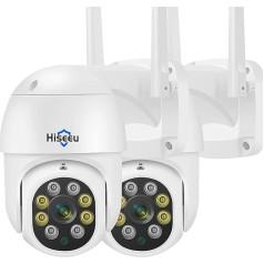 Hiseeu 2 pieces in one pack: 5MP surveillance camera outdoor WiFi, 360° display PTZ camera with 5x digital zoom, colour night vision, 2-way audio, IP66 waterproof, cloud/SD card storage