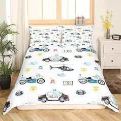 Sunnybed Police Helicopter Bedding Set, Police Motorcycle Bedding Set, 135 x 200 Boys Police Van Bedding Set for Kids, Teens, Watercolour Cop, Vehicle, Car