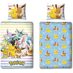 Pokemon 2-Piece Bed Linen Set, 135 x 200 cm + Pillow 80 x 80 cm, Pokémon Pikachu Light Blue, Children's Bed Linen, 100% Cotton Linon, with Zip