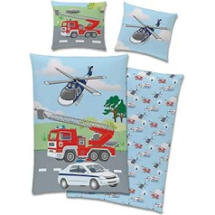 TexIdea Police Fire Brigade Bed Linen Set, Reversible Motif, Duvet Cover 135 x 200 cm, Pillow Cover 80 x 80 cm, 100% Cotton