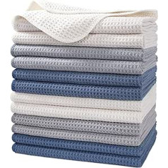 Polyte - Premium Microfibre Tea Towels - Waffle Texture - Dark Blue, Grey, Antique White - 41 x 71 cm - Pack of 12