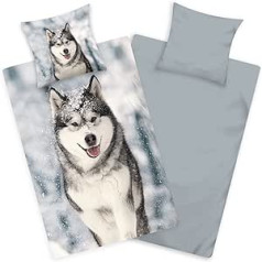 Aminata kids Flannelette Bed Linen 135 x 200 cm Children's Dog Husky Dog Animal Motif Cotton Zip Children's Flannel Bed Linen Winter Motif Warm & Cuddly Wolf White Winter Landscape