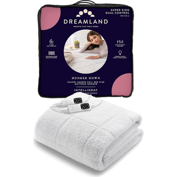Dreamland Intelliheat+ Fast Heat Scandi Full Bed Size Sherpa Underblanket, Super King Electric Blanket, 200 x 180 cm, Elastic Straps, 2 Controls, 6 Temperature Settings & Timer, Machine Washable