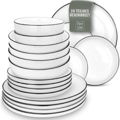 Scandi Style Crockery Set for 6 People, Premium Porcelain, White, 24 Pieces, Crockery Set for Dishwasher and Microwave, Dinner Service, Bowl and Plate Set, Stylish Dinnerware, Crockery