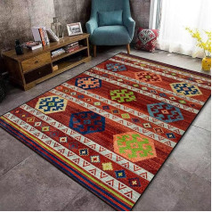 Jiyuhang Living Room Rug 160 x 230 cm, Boho Rug Vintage Short Pile Washable Rug Colourful Dark Red Blue Green Vintage Geometric Check Design Rugs for Home Decoration