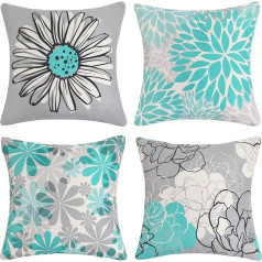 Cheekywares Sofa Cushion 50 x 50 cm Cushion Cover Filling Modern Boho Turquoise and Grey Daisy Linen Decorative Cushion Cover for Sofa Garden Couch Bedroom Outdoor 4 Pieces