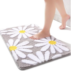 QJHOMO Grey Bathroom Rug Cute Daisy Bath Mat Non-Slip Washable Bath Mat White and Yellow Flower Bath Mat Soft Shower Mat Absorbent Bathroom Rug 50 x 80 cm