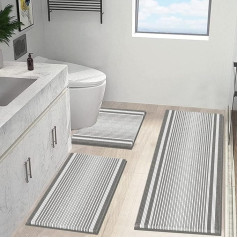 McEu Bath Mat Set 3-Piece Non-Slip Washable Bath Mat 120 x 51 cm + 66 x 44 cm and U-shaped Contour Toilet Rug 51 x 51 cm, Microfibre Chenille Absorbent Bath Mat for Bathroom, Dark Grey