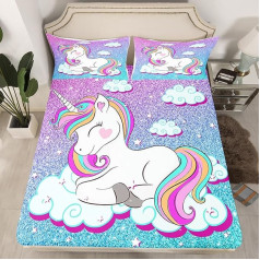 Girls' Unicorn Fitted Sheet Girllike Glitter Animal Decor Fitted Sheet 140 x 200 cm Pastel Rainbow Dreamy Horse Bed Sheet Set Pink Blue No Flat Sheet Bright Bedroom Decor