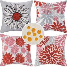 Outdoor Cushion Cover, 50 x 50 cm, Modern Spring Summer Flowers Cushion Cover, Sofa Cushion, Decorative Cushion Covers, Grey Red, Waterproof Pillowcase for Sofa, Bedroom, Couch, Garden, Home, Set of 4