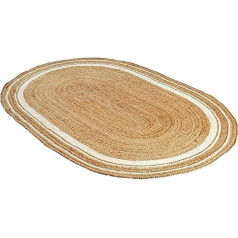 Ripaz Vogue Jute Rug Natural Jute Hand Woven Oval Shape Rug Hallway Rug Living Room Rug (60x90cm, Beige+White Line)