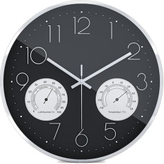 Mebus Large Wall Clock with High-Quality Aluminium Frame without Ticking Noises Thanks to Precise Quartz Movement, Temperature and Humidity Display, Chrome-Plated 3D Numbers, Black, 35 cm Large