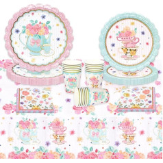 Afternoon Tea Floral Paper Disposable Plates Cups Napkins Table Cloth, Paper Plates Tableware for Mother's Day Afternoon Tea Wedding Anniversary Birthday Baby Shower Decoration (16 Guest Set)