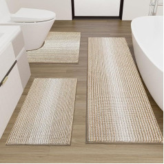 chakme Chenille Bathroom Rug Set, Extra Thick Non-Slip Bath Mat, 3 Pieces, Washable Absorbent Bath Mat, Toilet Rug, Beige